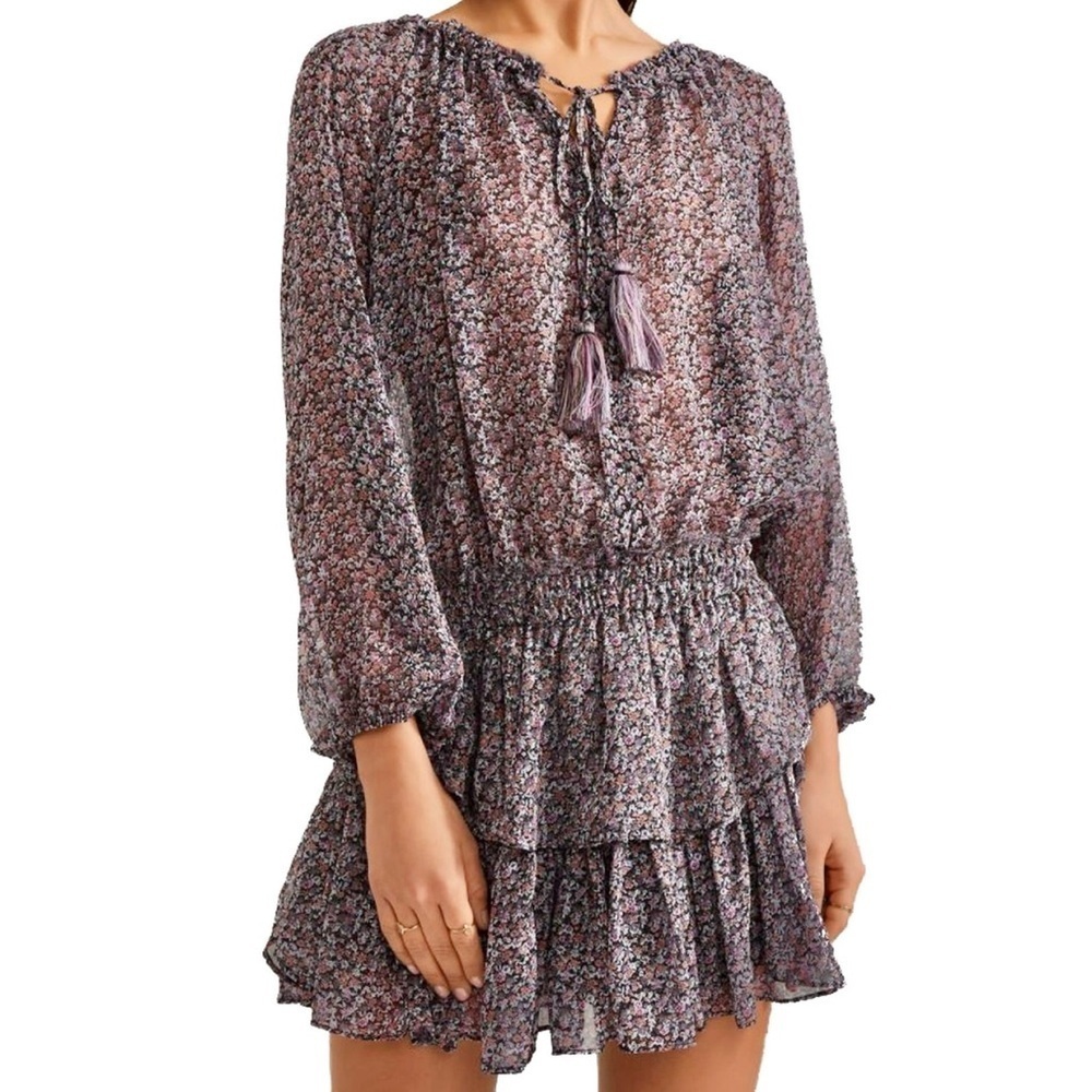 LoveShackFancy Silk Chiffon Floral Popover Ruffled Tassel Mini Dress